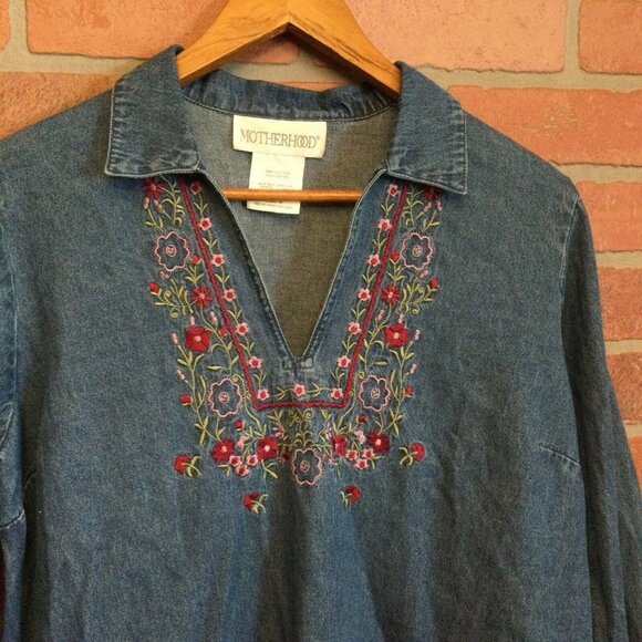 Motherhood Maternity Boho Top denim floral embroidered 3/4 length sleeve Size M - Picture 2 of 5